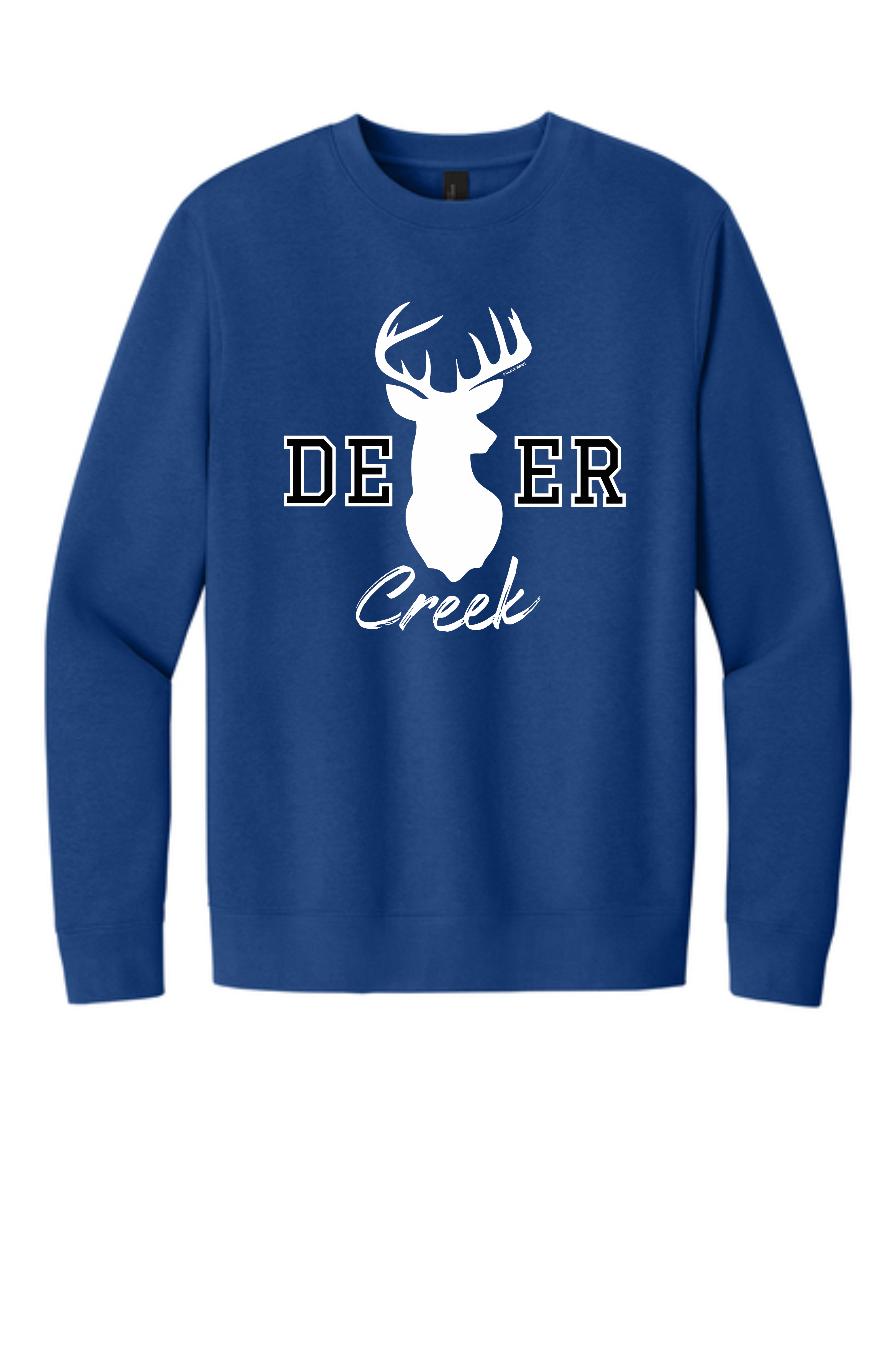 District V.I.T. fleece crew pullover with bold white antler silhouette framed by 'DE' and 'ER' in black outlined in white lettering with 'Creek' script in white underneath and discreetly tagged 'BLACK SWAN' for a signature look