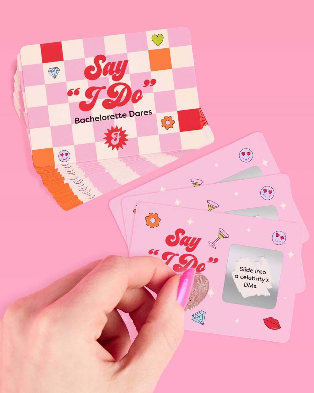 a 25-card bachelorette scratch-off dare card game with pink bridal designs, hidden silver panels, playful prompts, and a compact size for gifting, travel, favors, or GNO fun