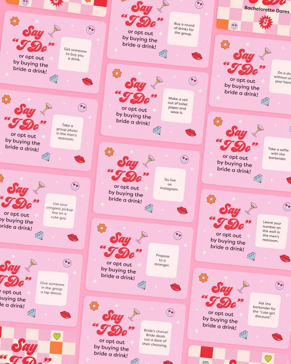 a 25-card bachelorette scratch-off dare card game with pink bridal designs, hidden silver panels, playful prompts, and a compact size for gifting, travel, favors, or GNO fun
