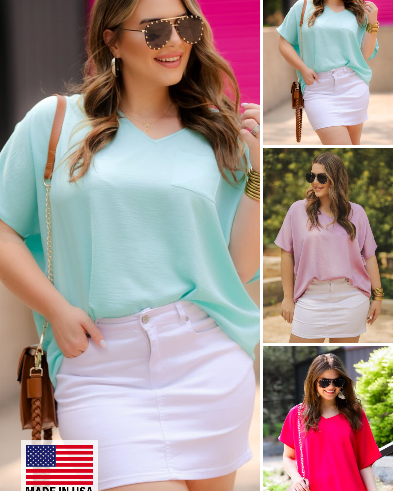 a lightweight short-sleeve woven tunic with a V-neckline, a front chest pocket, and a relaxed, non-stretch silhouette in aqua, lilac, and magenta, accented with a MADE IN USA watermark in the bottom left-hand corner