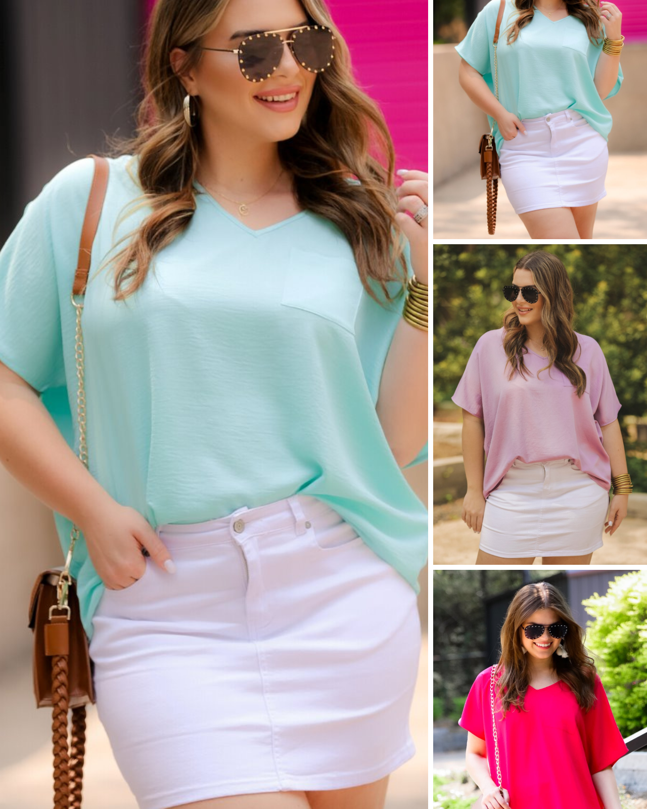 a lightweight short-sleeve woven tunic with a V-neckline, a front chest pocket, and a relaxed, non-stretch silhouette in aqua, lilac, and magenta