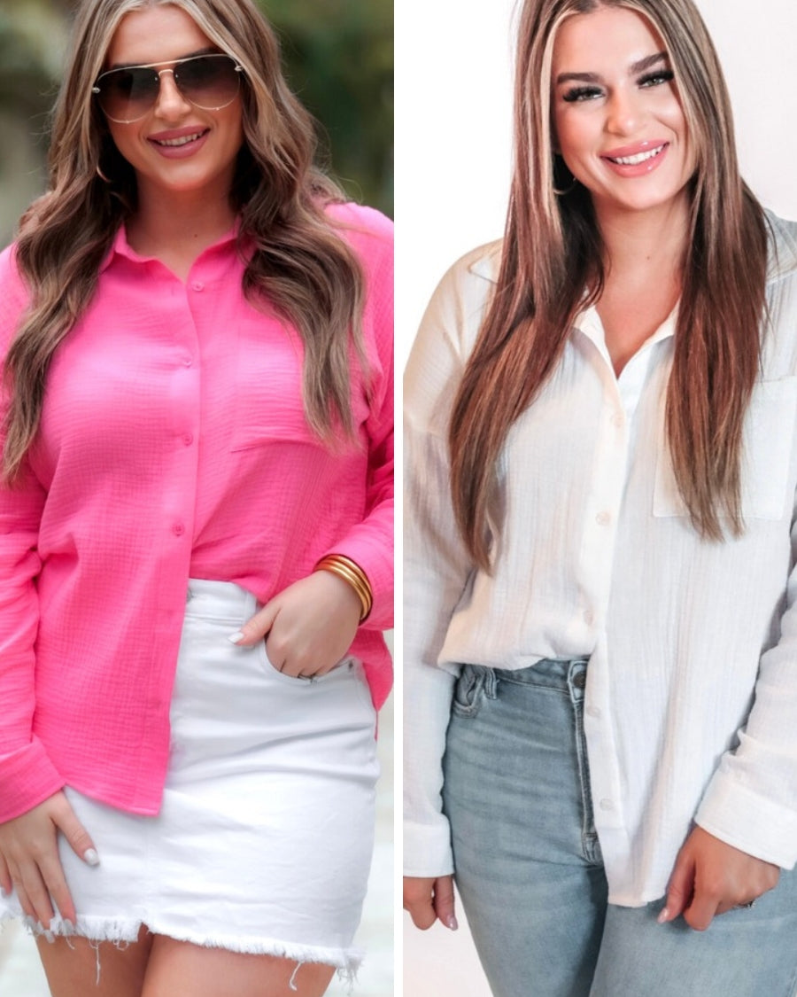 pink and white lightweight button-up gauze top with a collared neckline, breezy sleeves, chest pocket, and a relaxed round-hem silhouette