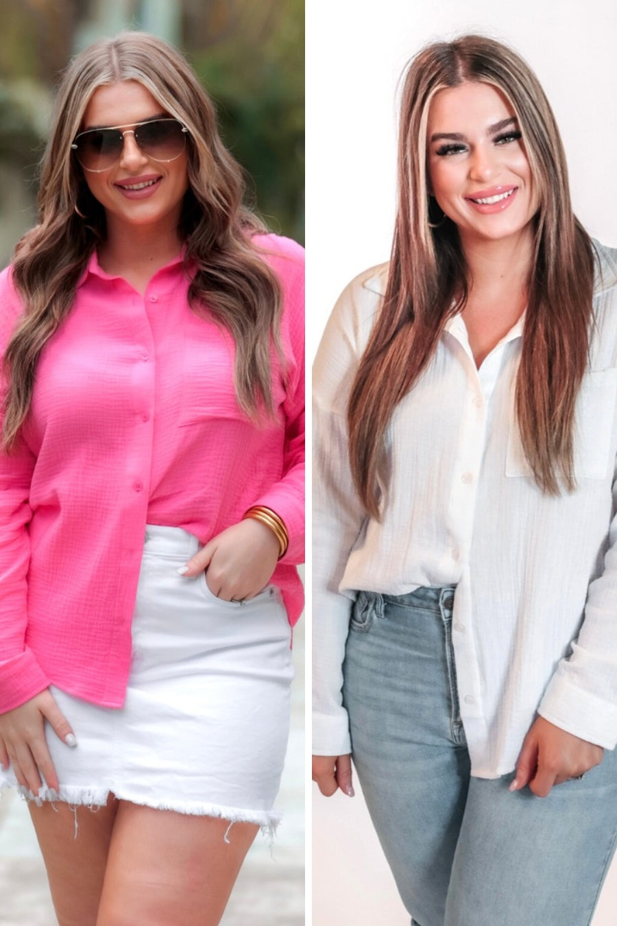 pink and white lightweight button-up gauze top with a collared neckline, breezy sleeves, chest pocket, and a relaxed round-hem silhouette