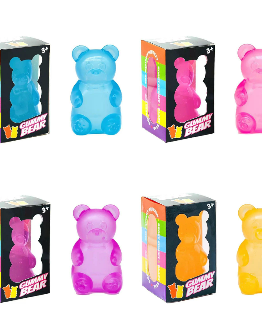 four jumbo gummy bear squishes with a super soft slow-rising feel, and a bright translucent color available in blue, pink, purple, and yellow