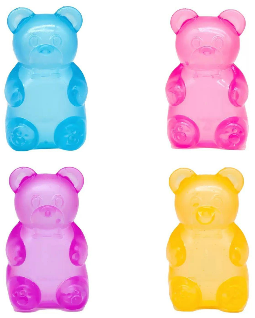 four jumbo gummy bear squishes with a super soft slow-rising feel, and a bright translucent color available in blue, pink, purple, and yellow