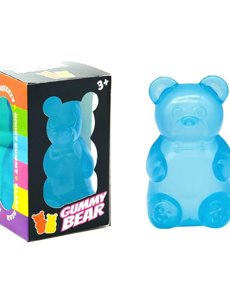 a blue jumbo gummy bear squishes with a super soft slow-rising feel, and a bright translucent color