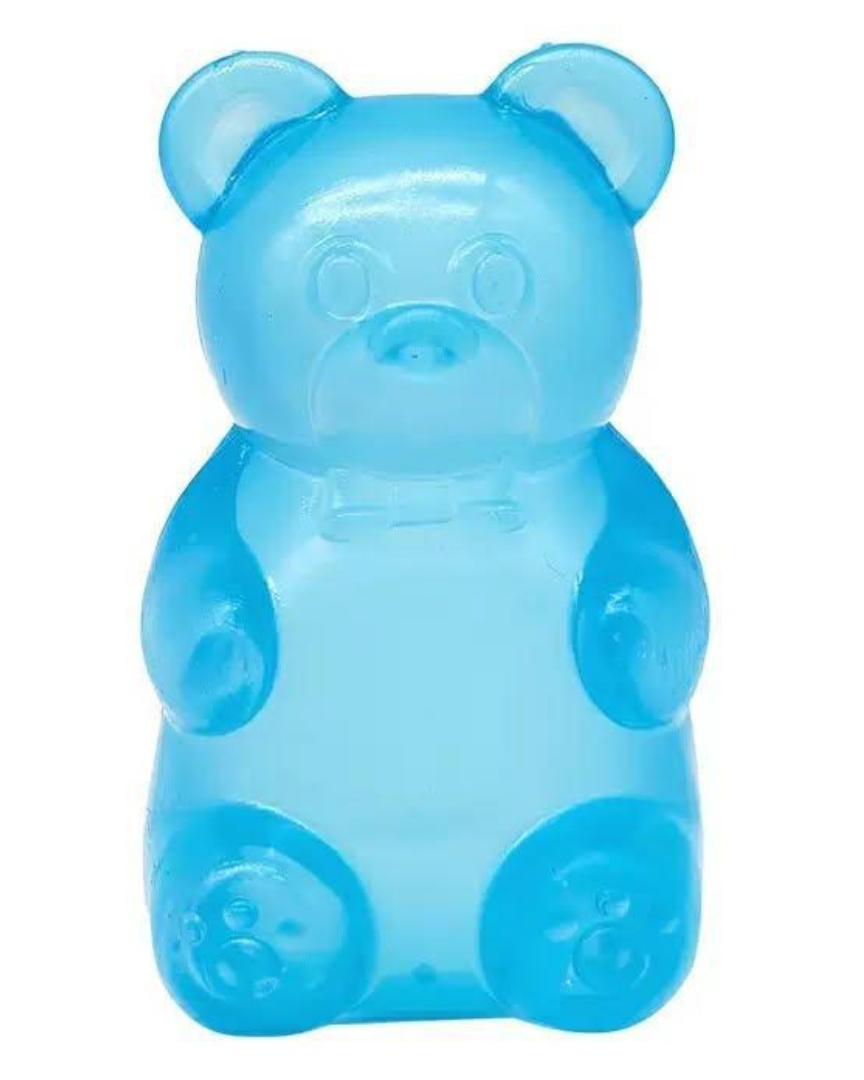 a blue jumbo gummy bear squishes with a super soft slow-rising feel, and a bright translucent color