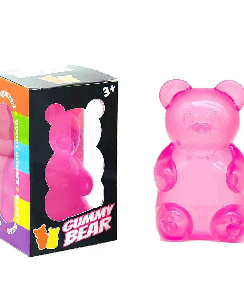 a pink jumbo gummy bear squishes with a super soft slow-rising feel, and a bright translucent color