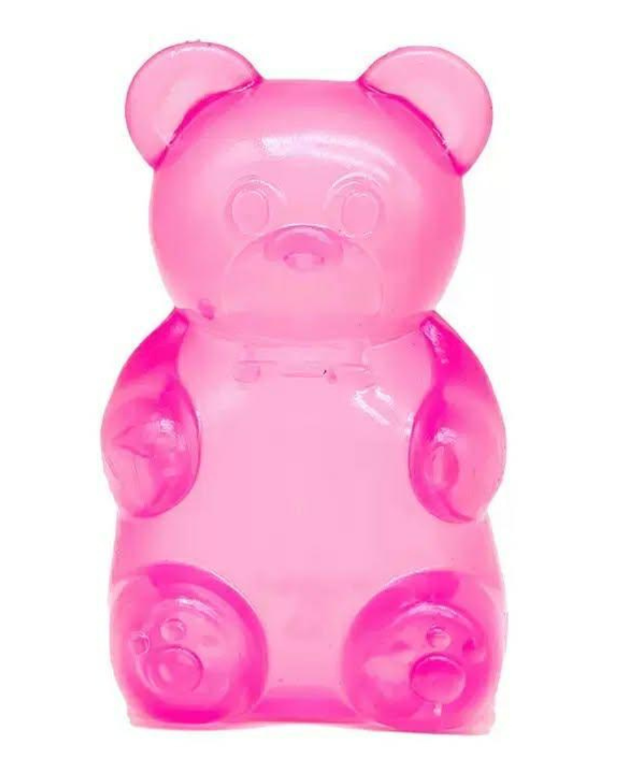 a pink jumbo gummy bear squishes with a super soft slow-rising feel, and a bright translucent color