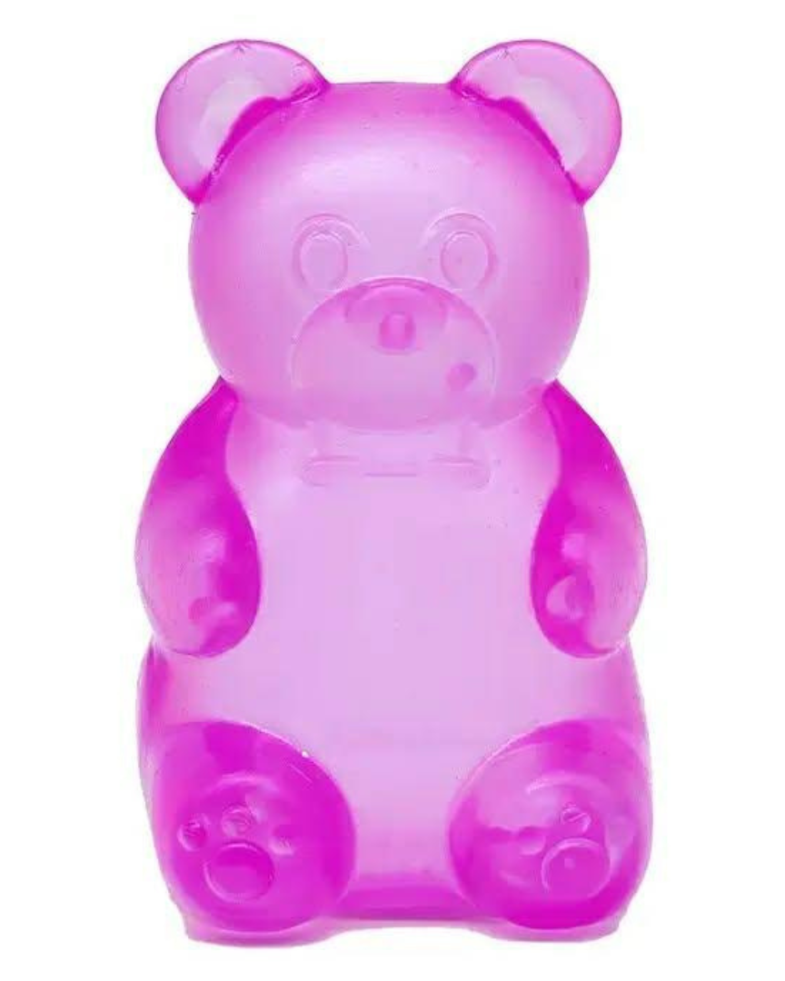 a purple jumbo gummy bear squishes with a super soft slow-rising feel, and a bright translucent color