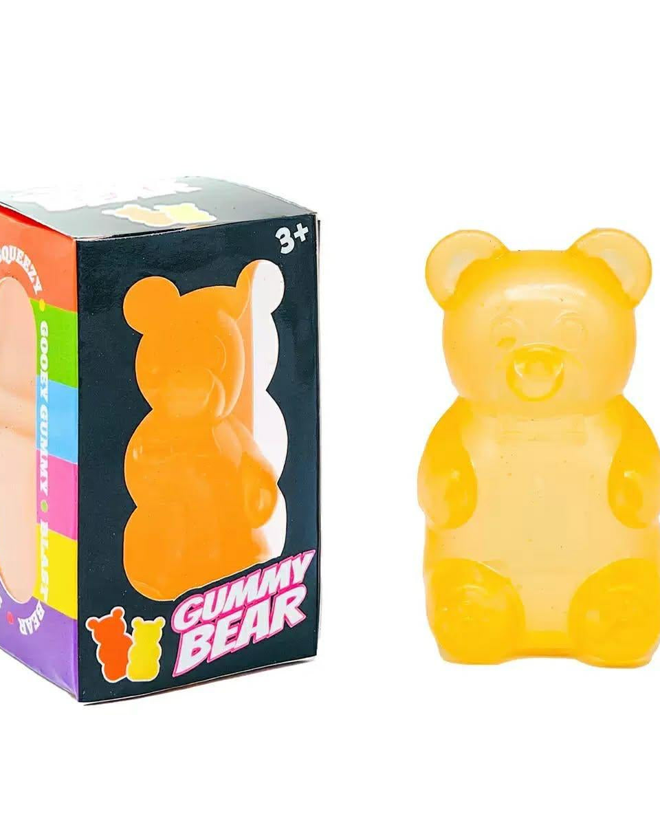 a yellow jumbo gummy bear squishes with a super soft slow-rising feel, and a bright translucent color