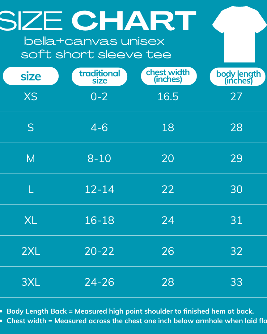 size chart for BELLA+CANVAS Unisex Soft Short Sleeve Tee