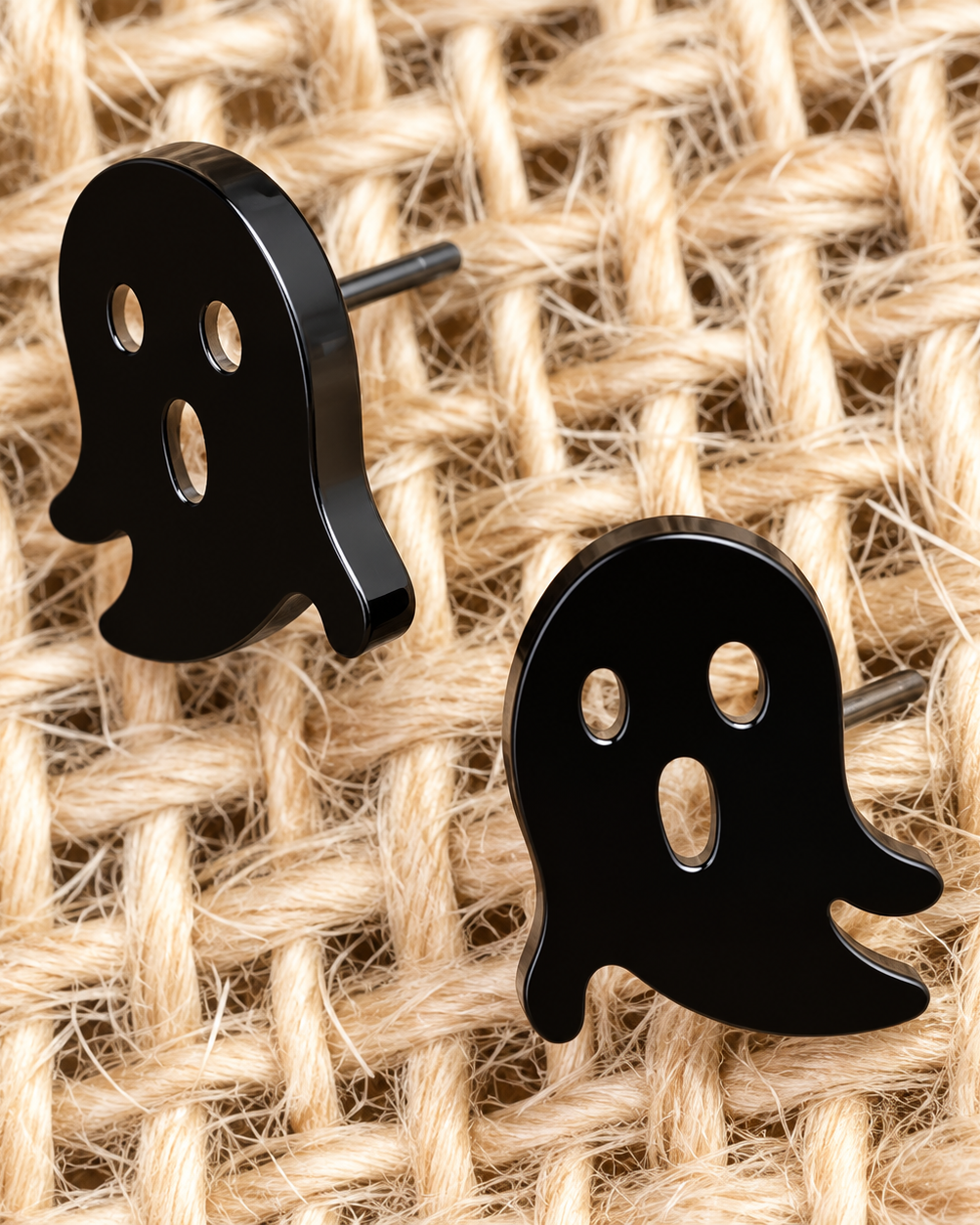 lightweight black stainless steel, gold-plated post-stud earrings with shiny mirror-image ghost silhouettes, matching barrel earring backs, and nickel/lead compliant construction