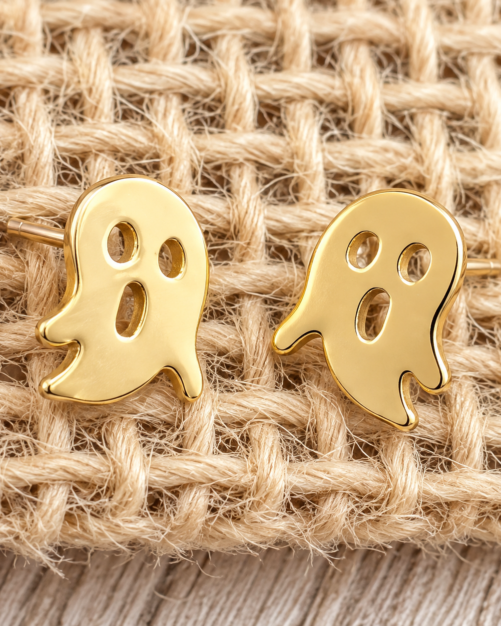 lightweight gold stainless steel, gold-plated post-stud earrings with shiny mirror-image ghost silhouettes, matching barrel earring backs, and nickel/lead compliant construction