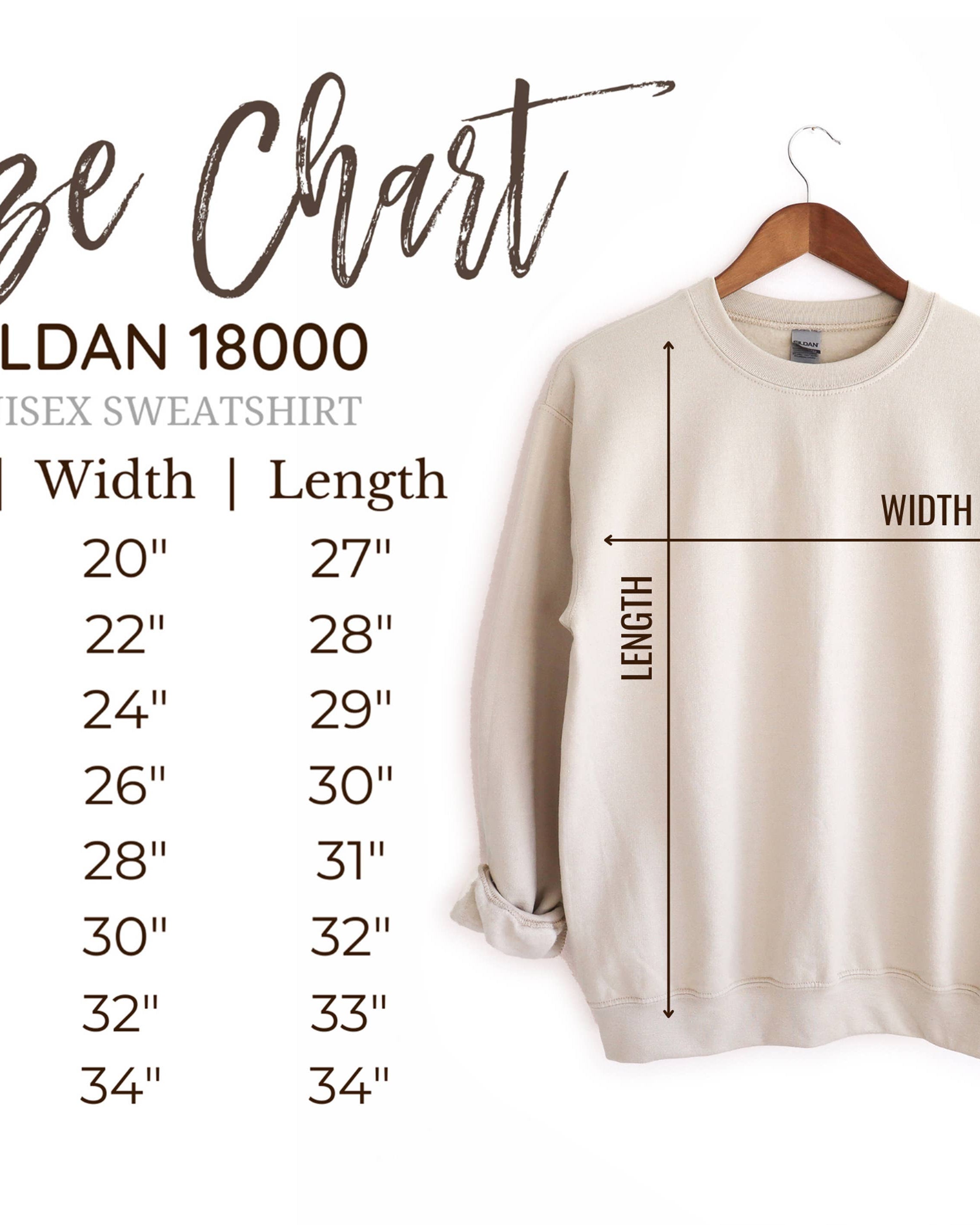 Gildan 18000 unisex sweatshirt size chart with measurements on a white background