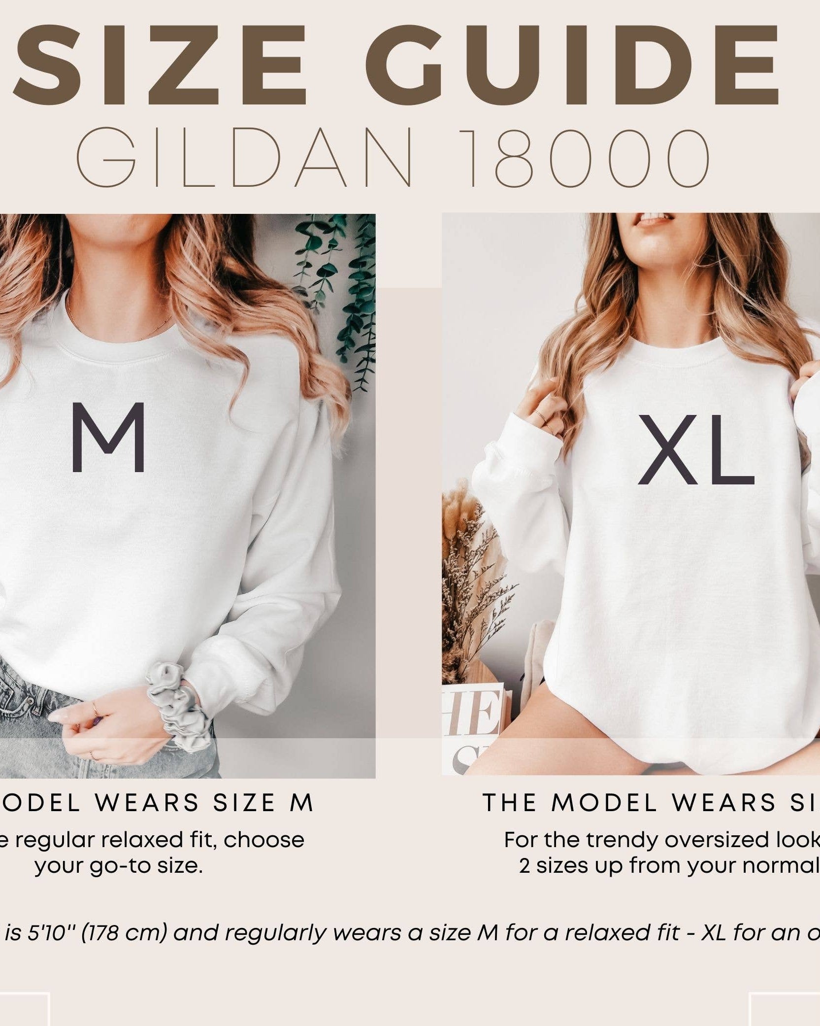 Size guide for Gildan 18000 shirts showing a model wearing size M and XL.