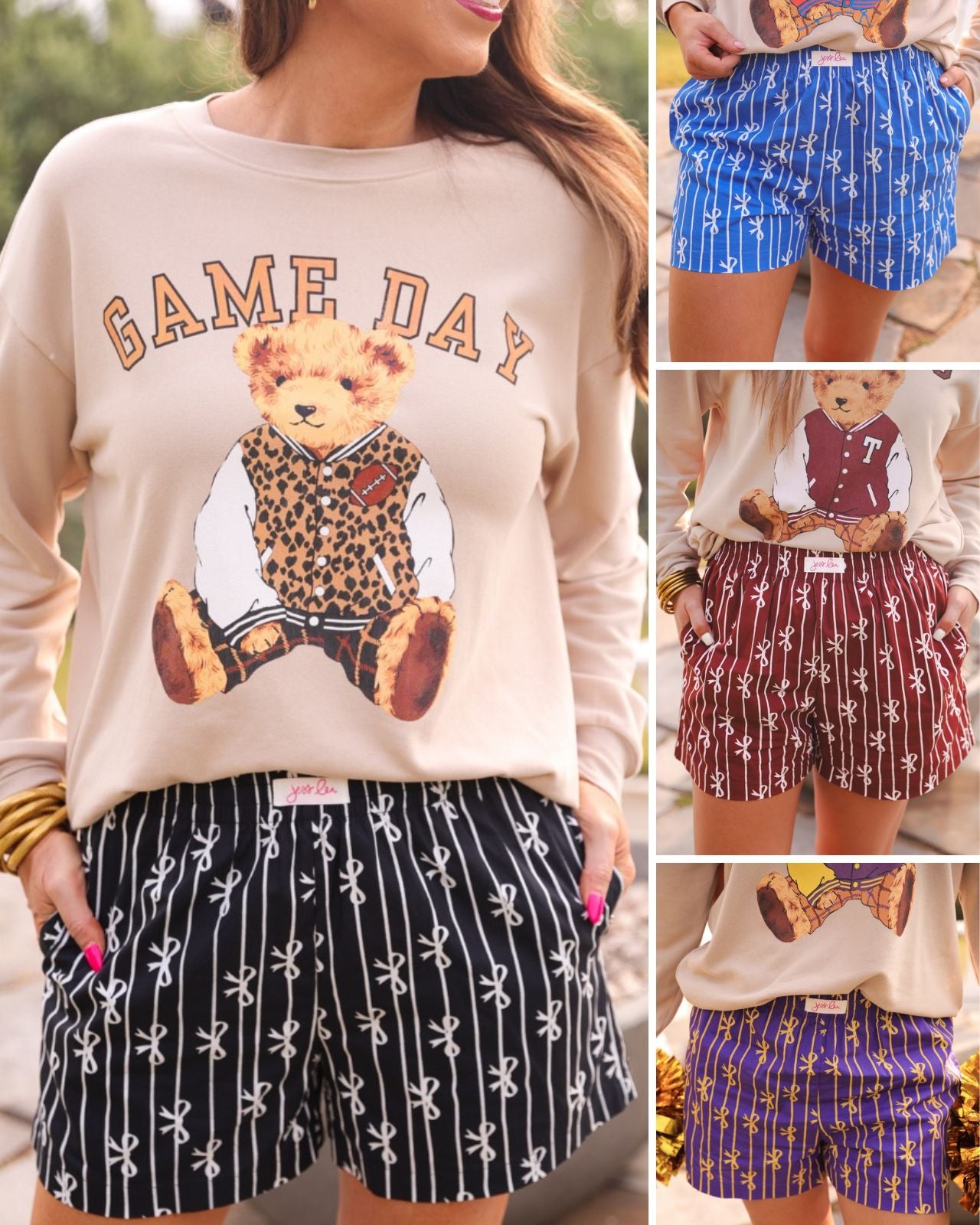 mid-rise relaxed fit boxer shorts with side pockets and an elastic waistband, designed on a bow and stripe pattern print and a solid base in black, blue, maroon, and purple