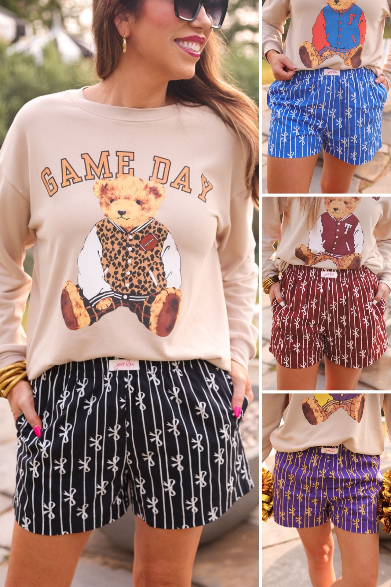 mid-rise relaxed fit boxer shorts with side pockets and an elastic waistband, designed on a bow and stripe pattern print and a solid base in black, blue, maroon, and purple