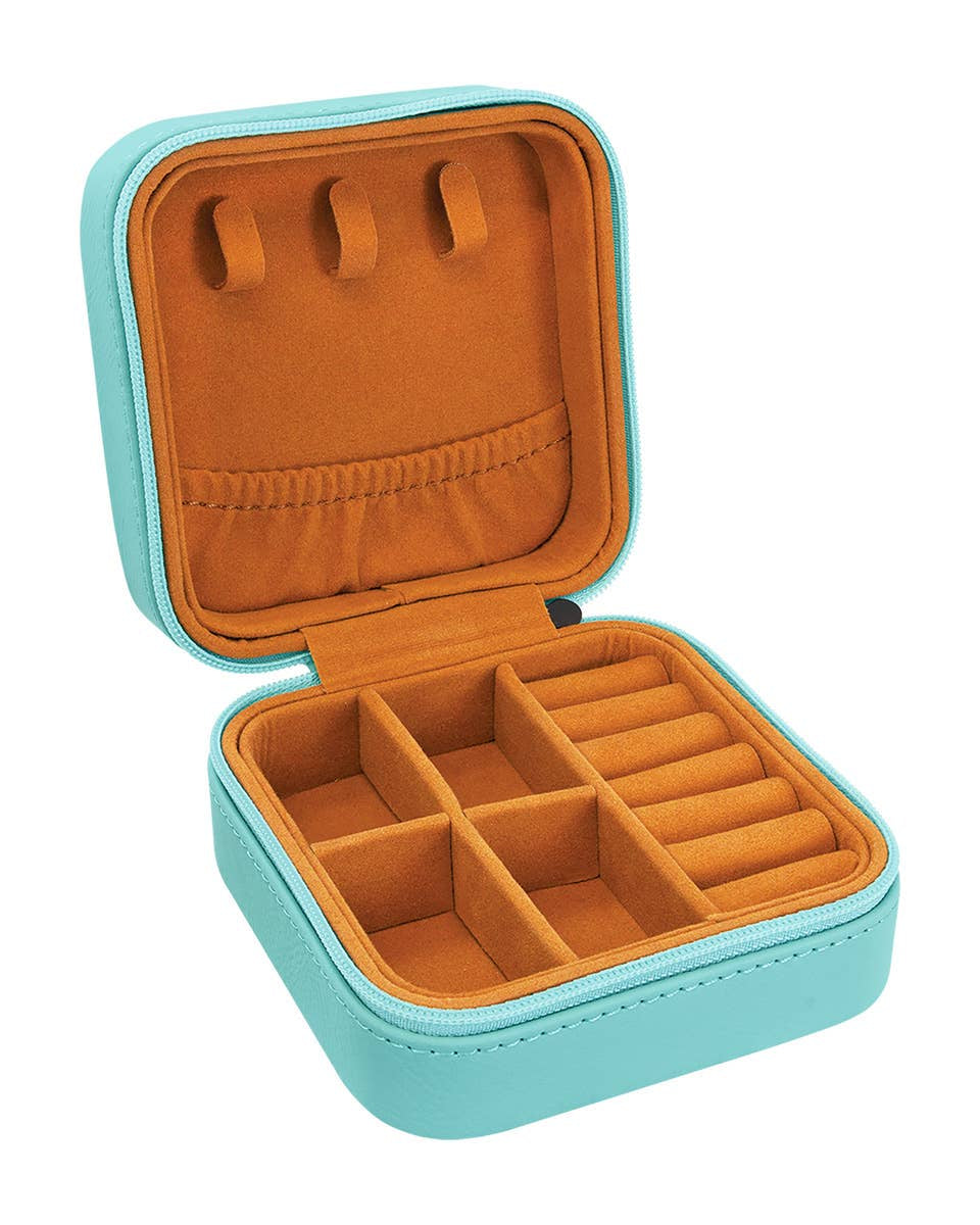 Jewelry case with turquoise exterior and orange interior on a white background