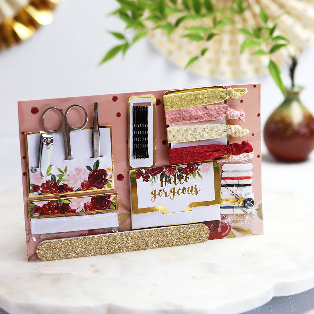 a practical and adorable red with soft pink watercolor wedding survival kit with items brides and bridesmaids need to ensure the wedding day goes smoothly