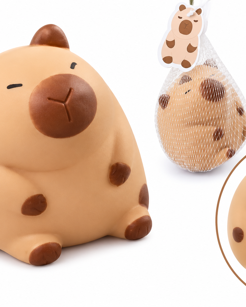 a capybara-inspired squishy toy with a rounded tan body, brown accent details, sleepy face, and smooth squeezable texture