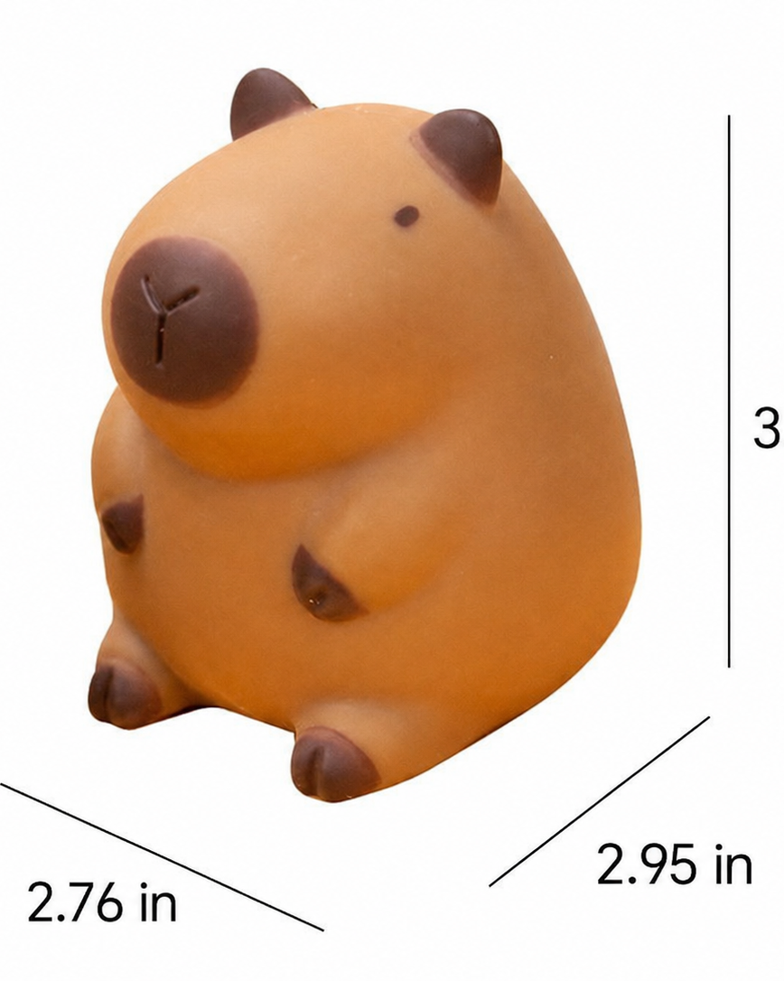 a capybara-inspired squishy toy with a rounded tan body, brown accent details, sleepy face, smooth squeezable texture , and size measurements