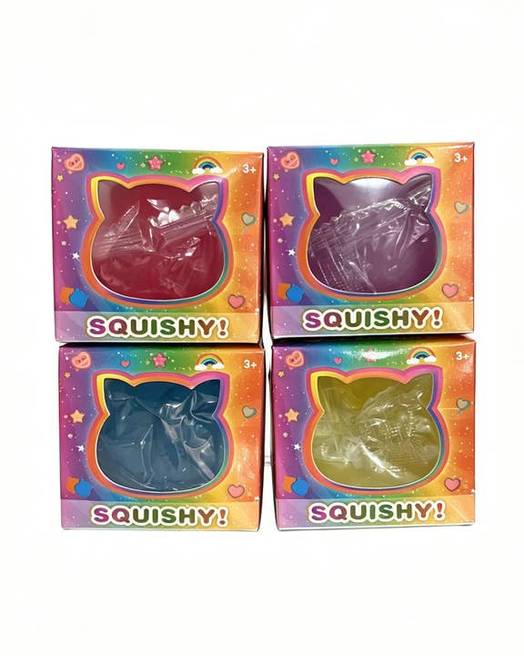 a soft jelly-like chubby kitty squishy with closed eyes, a super slow-rising texture, a stretchy squeezable feel, and a bright translucent color available in blue, pink, purple, and yellow