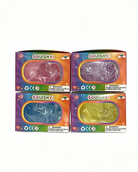 a soft jelly-like chubby kitty squishy with closed eyes, a super slow-rising texture, a stretchy squeezable feel, and a bright translucent color available in blue, pink, purple, and yellow