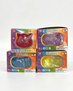 a soft jelly-like chubby kitty squishy with closed eyes, a super slow-rising texture, a stretchy squeezable feel, and a bright translucent color available in blue, pink, purple, and yellow