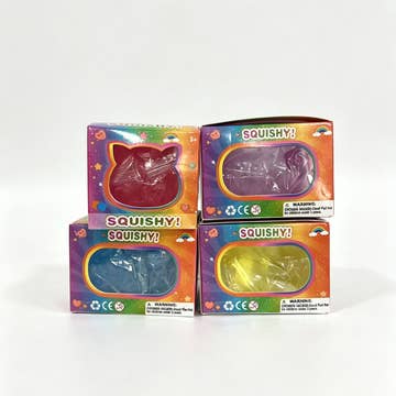 a soft jelly-like chubby kitty squishy with closed eyes, a super slow-rising texture, a stretchy squeezable feel, and a bright translucent color available in blue, pink, purple, and yellow