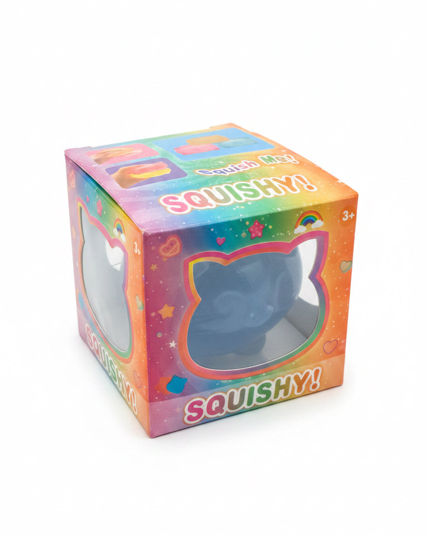 a soft blue jelly-like chubby kitty squishy with closed eyes, a super slow-rising texture, a stretchy squeezable feel, and a bright translucent color
