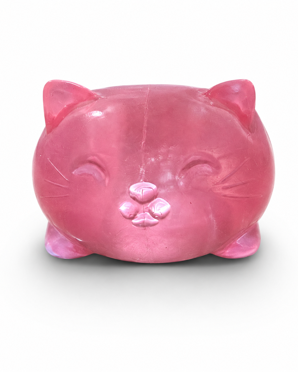 a soft pink jelly-like chubby kitty squishy with closed eyes, a super slow-rising texture, a stretchy squeezable feel, and a bright translucent color