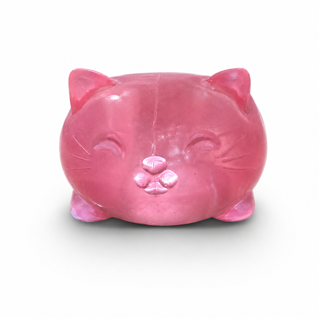 a soft pink jelly-like chubby kitty squishy with closed eyes, a super slow-rising texture, a stretchy squeezable feel, and a bright translucent color