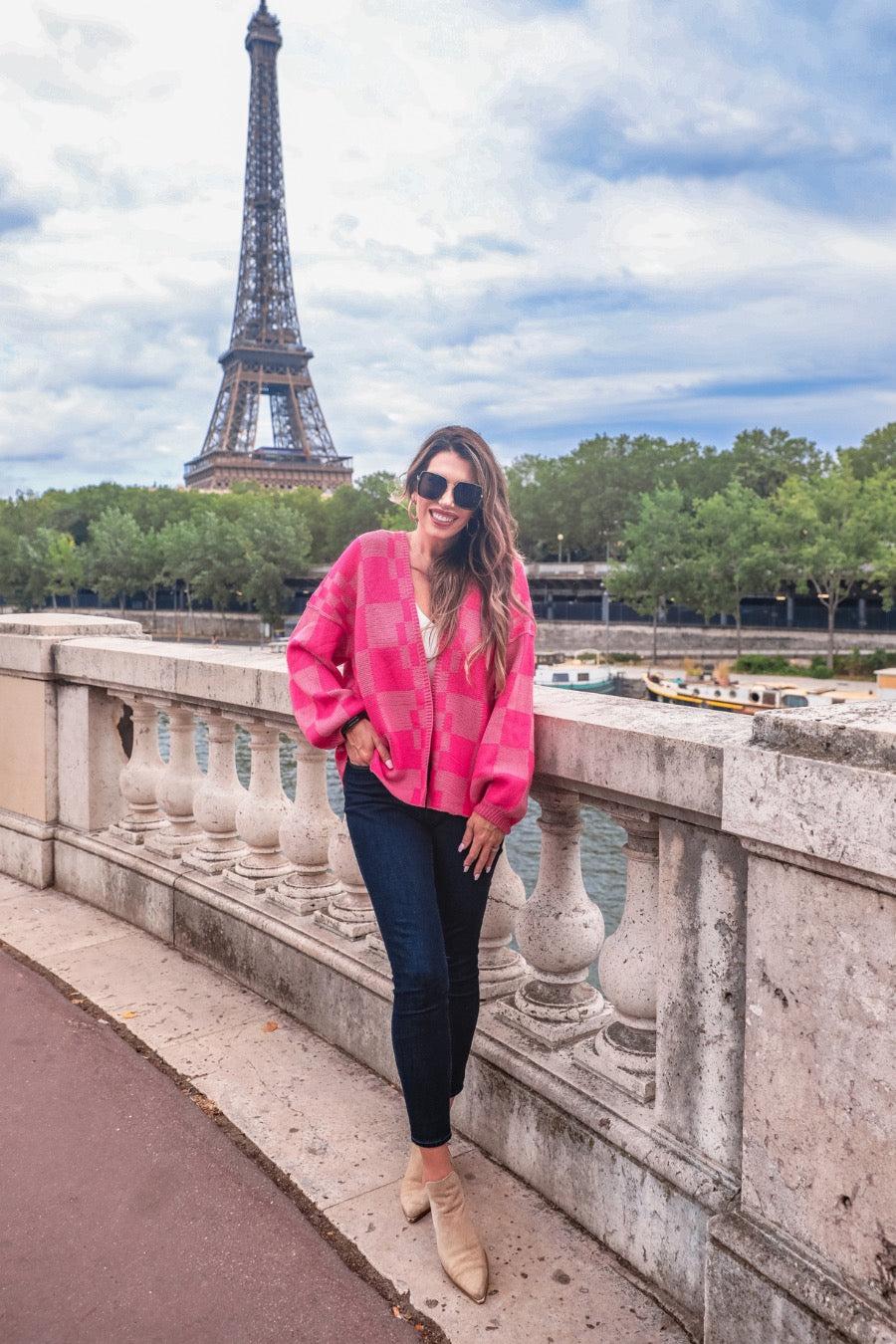 long-sleeve open front cardigan with balloon sleeves and a checkered pattern in pink/pink