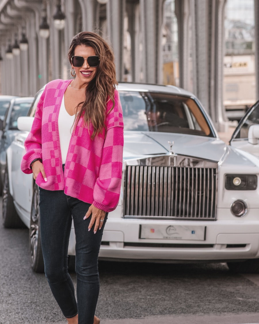 long-sleeve open front cardigan with balloon sleeves and a checkered pattern in pink/pink