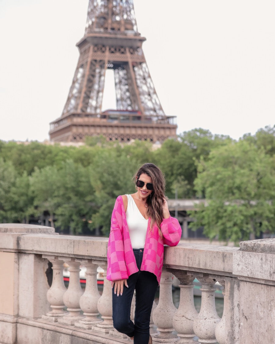 long-sleeve open front cardigan with balloon sleeves and a checkered pattern in pink/pink