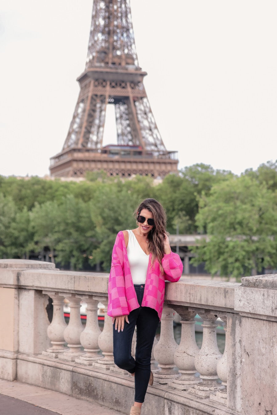 long-sleeve open front cardigan with balloon sleeves and a checkered pattern in pink/pink