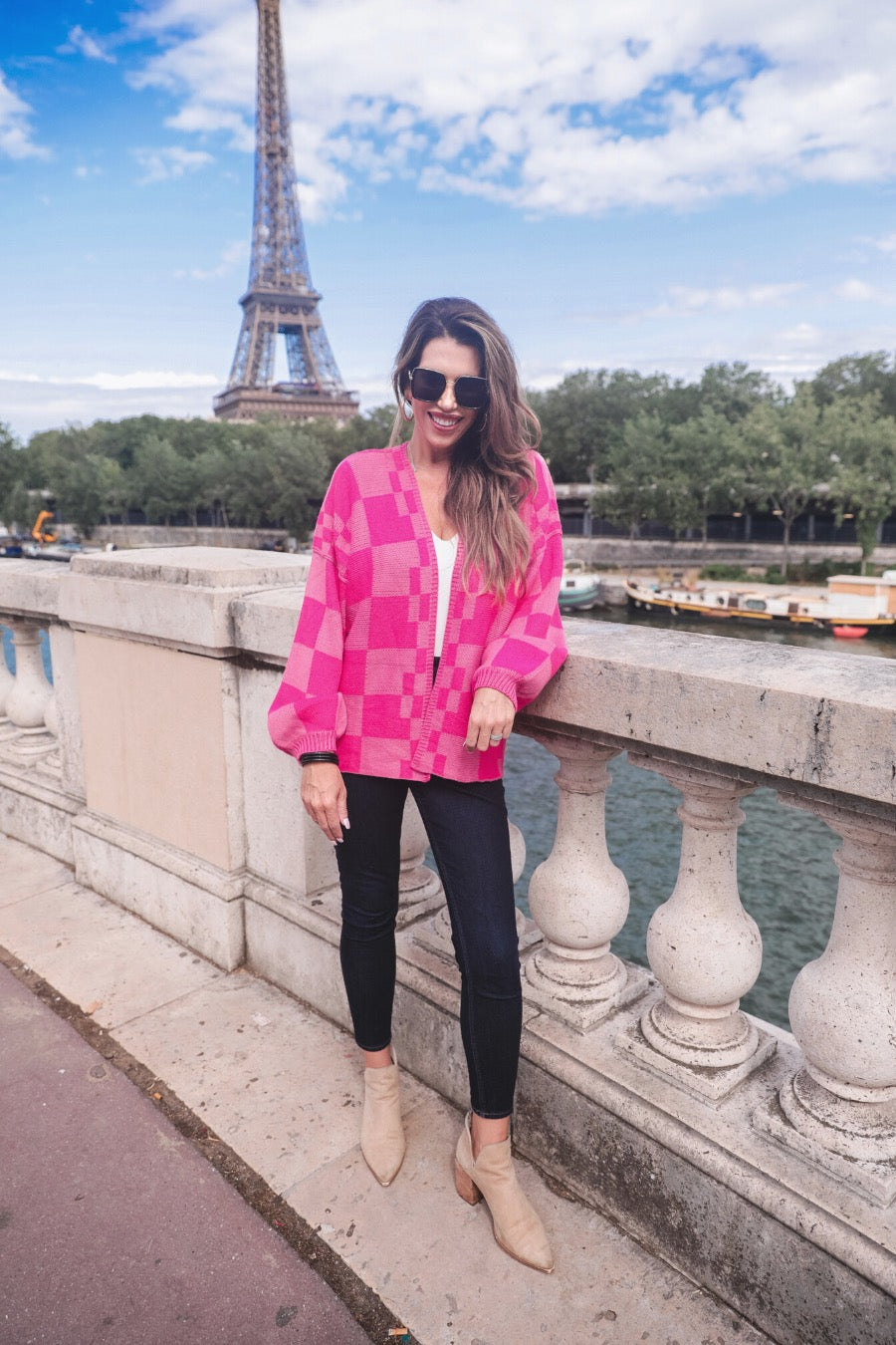 long-sleeve open front cardigan with balloon sleeves and a checkered pattern in pink/pink