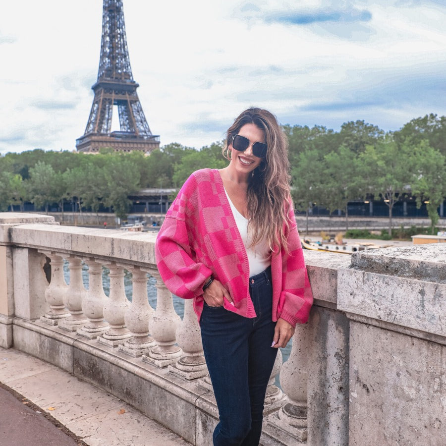 long-sleeve open front cardigan with balloon sleeves and a checkered pattern in pink/pink
