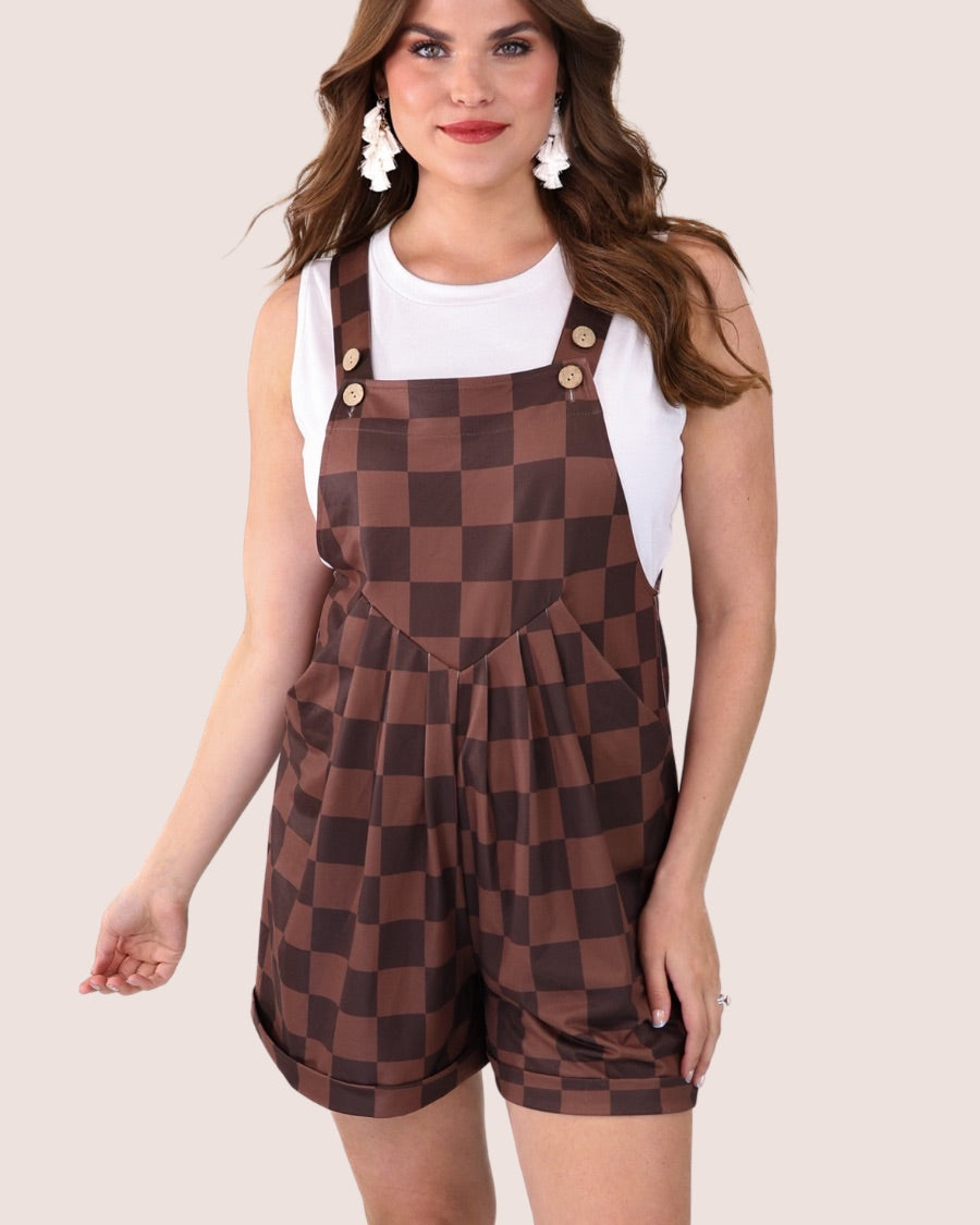 brown checkered overall shorts made from our best-selling everyday fabric with functional button straps, cuffed hems, and side pockets