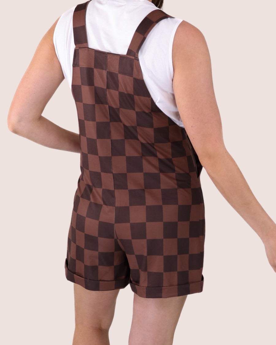 brown checkered overall shorts made from our best-selling everyday fabric with functional button straps, cuffed hems, and side pockets