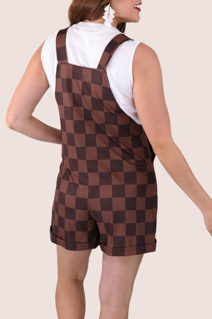 brown checkered overall shorts made from our best-selling everyday fabric with functional button straps, cuffed hems, and side pockets