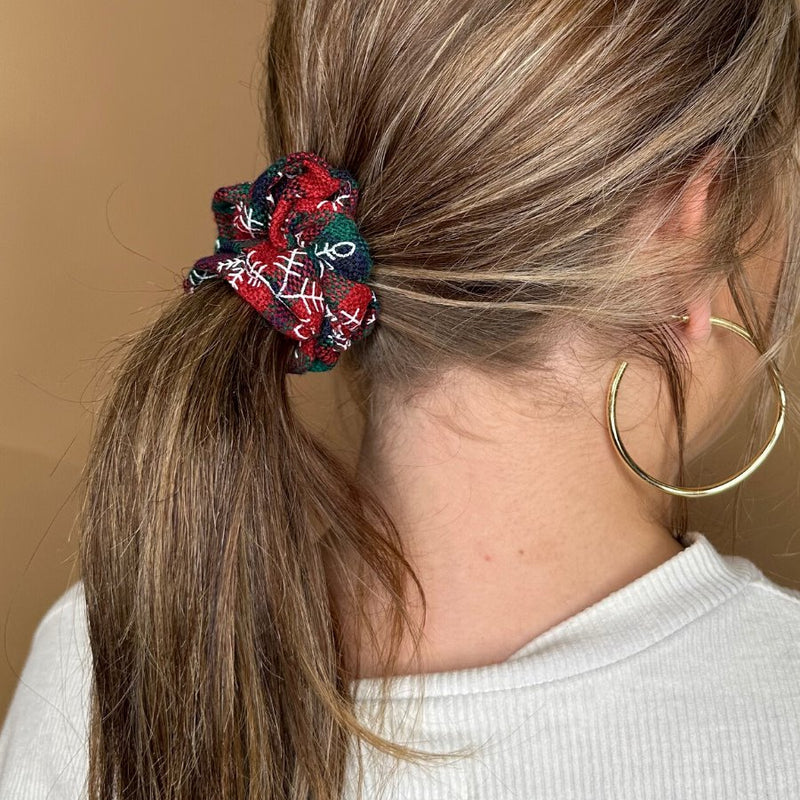 Christmas red and navy plaid pattern fabric with elastic and sold individually