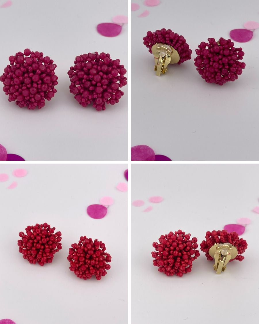 mix of size beads in a pom shape with a clip-on closure