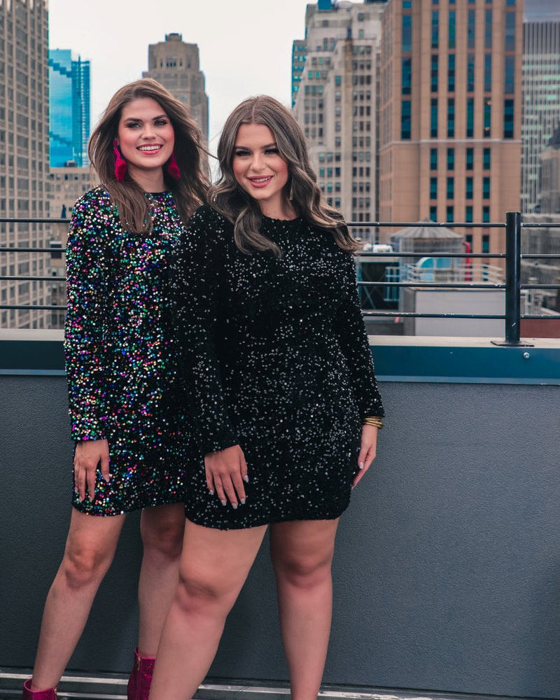 a long-sleeve dress with shimmering allover sequins detailing, a flattering silhouette, a soft-lined interior, and a back zipper that extends two-thirds down for a polished, easy fit in black and multi