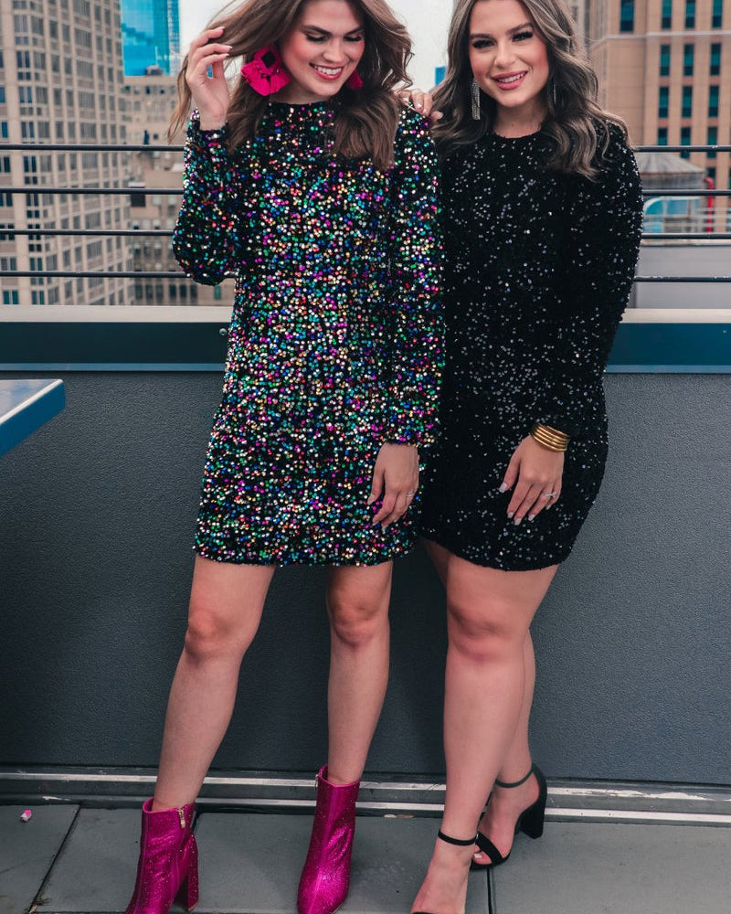 a long-sleeve dress with shimmering allover sequins detailing, a flattering silhouette, a soft-lined interior, and a back zipper that extends two-thirds down for a polished, easy fit in black and multi