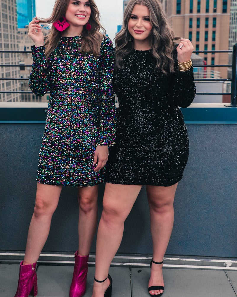 a long-sleeve dress with shimmering allover sequins detailing, a flattering silhouette, a soft-lined interior, and a back zipper that extends two-thirds down for a polished, easy fit in black and multi