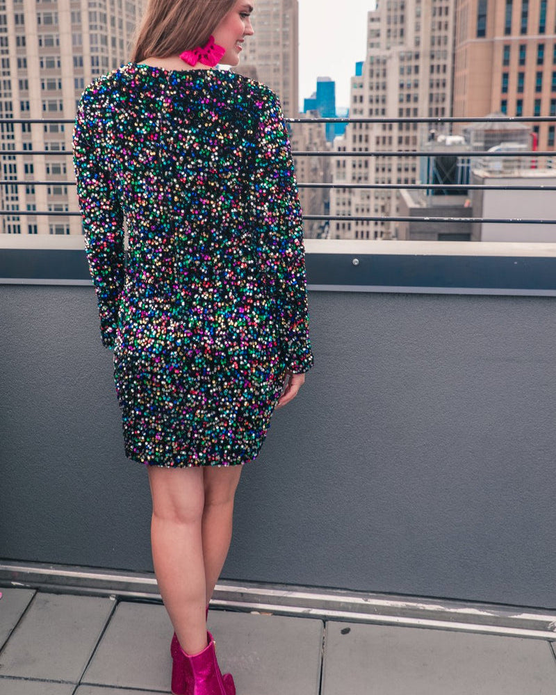 a multicolor long-sleeve dress with shimmering allover sequins detailing, a flattering silhouette, a soft-lined interior, and a back zipper that extends two-thirds down for a polished, easy fit