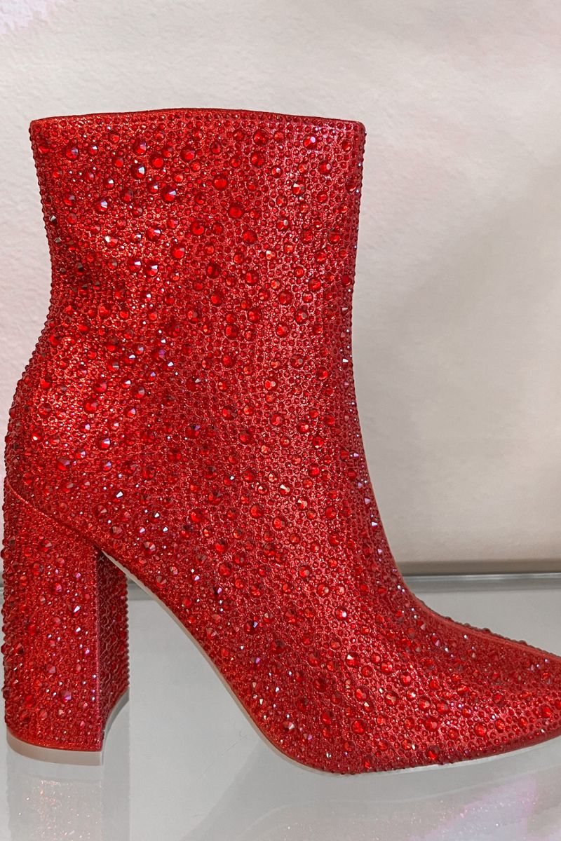 rhinestone-covered booties with a pointed toe, front seam, inside zipper, cushioned flatbed, and a 4" block heel in red