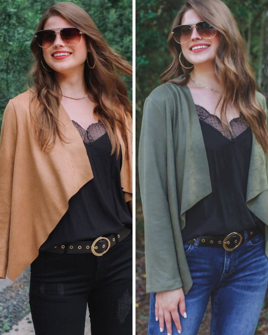 draped open-front silhouette jacket, crafted on a super soft faux suede material with long sleeves, an angled front cropped hem, and subtle seam details on the back in camel or olive